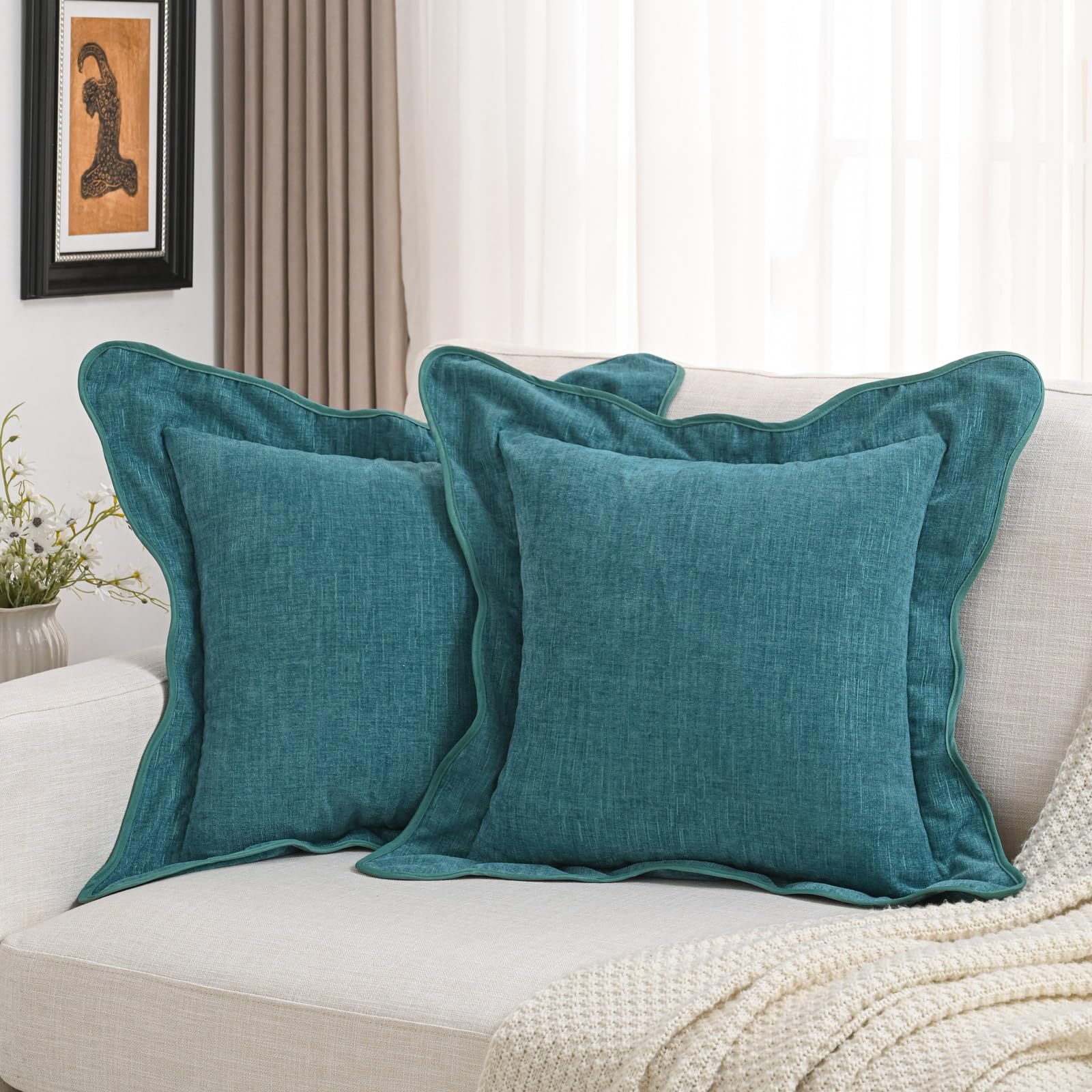 Futei Teal Chenille Throw Pillow Covers 18X18 Inch Set Of 2,Double Stitch Scalloped Bordered Soft Square Cushion Case,Home Decor