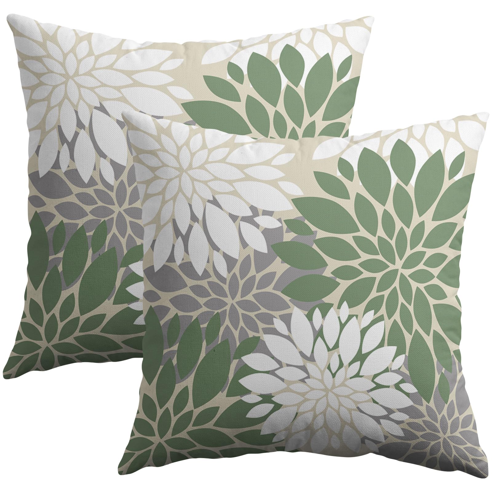 Sage Green White Grey Gray Pillow Covers 20X20 Inch Set Of 2, Spring Modern Geometry Dahlia Floral Print Decorative Throw Pillow