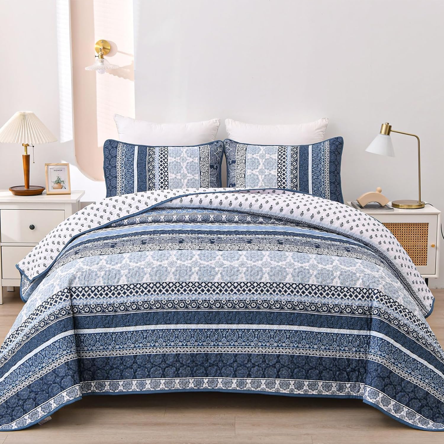 Wongs Bedding Boho Quilt Set California King Size, Navy Blue Bohemian 3 Pieces Quilt Sets, Lightweight Microfiber Bedspread Cove