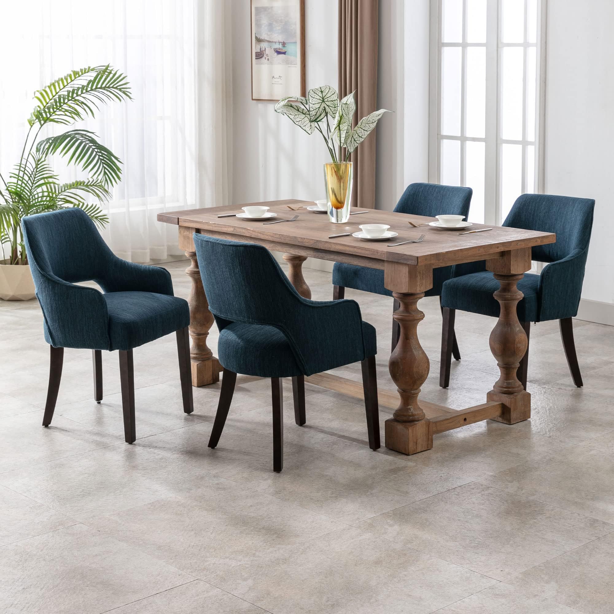 Dm Furniture Linen Dining Chairs Set Of 4 Upholstered Accent Chairs Side Chair With Wood Legs For Living Room/Dining Room/Bedroo