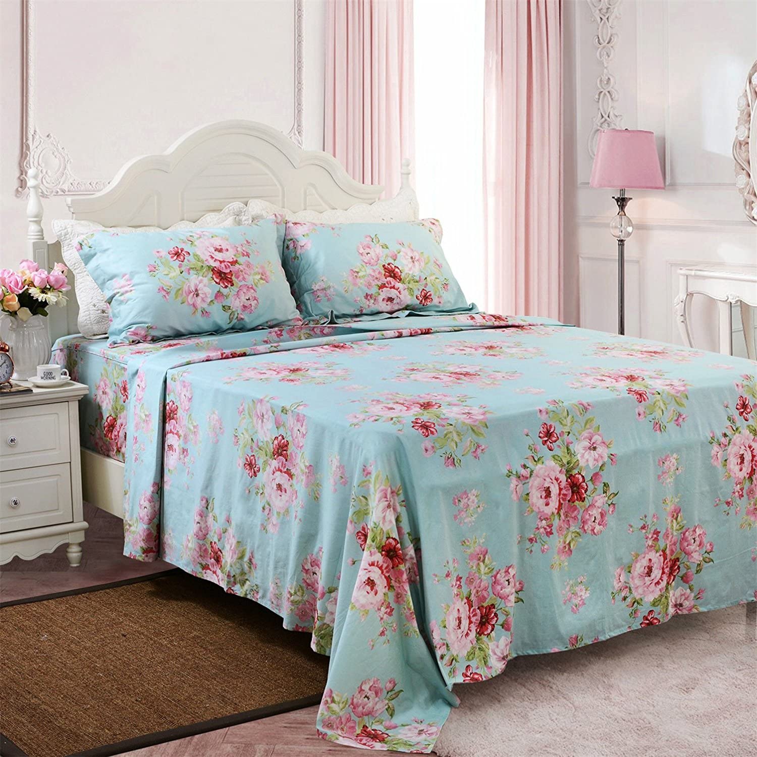Fadfay Floral Twin Xl Sheets 100% Combed Cotton Sheet Sets Pink Flowers Deep Pocket Fitted Sheets Girls Bedding Sets For All-Sea