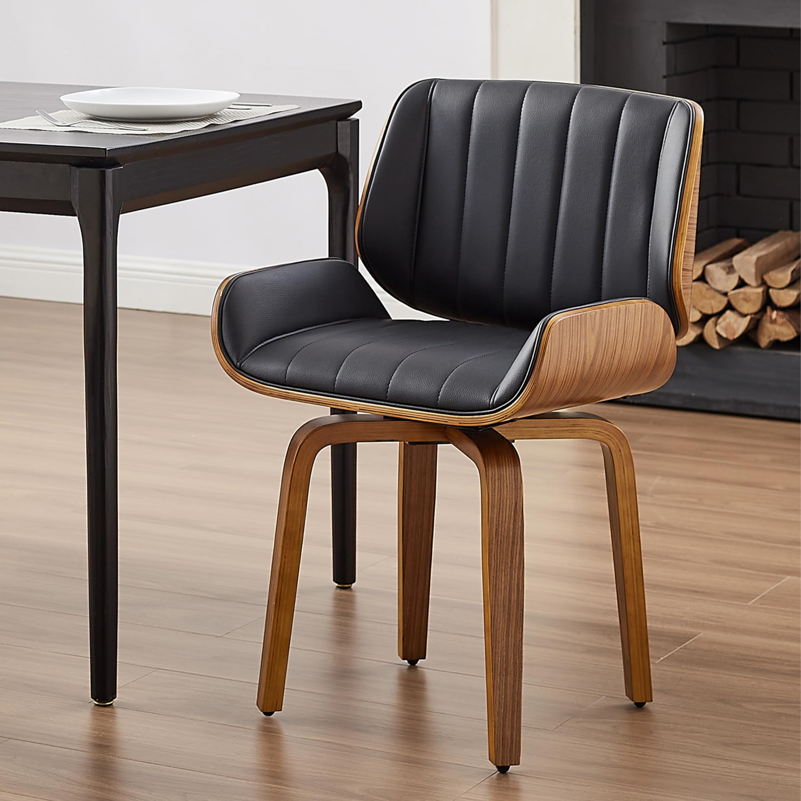 Art Leon Desk Chair No Wheels, Mid Century Modern Swivel Accent Chair with Solid Wood Legs, Faux Leather Upholstered Office Chai