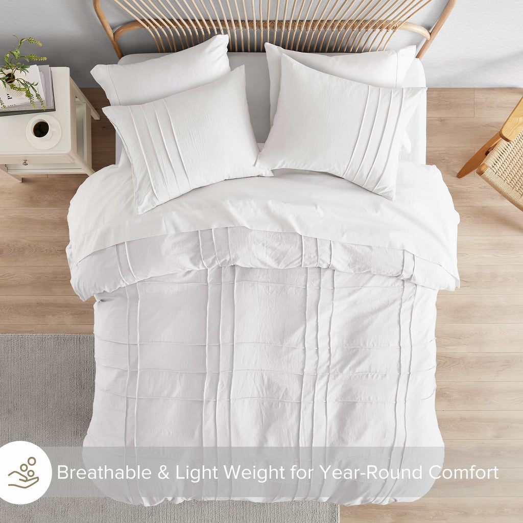 Comfort Spaces White Queen Size Duvet Cover Set - 3 Pieces Pintuck Pleated Duvet Cover Queen, All Season Lightweight, Extra Softness Pre-Washed Microfiber Queen Bedding Cover Shams, Full/Queen