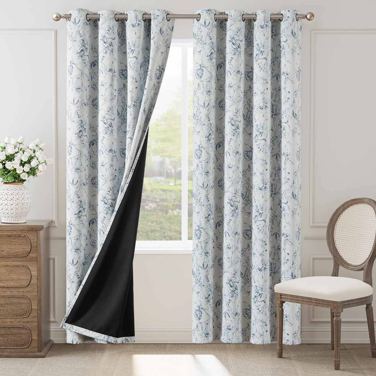 Jinchan Blue Floral Blackout Curtains For Bedroom 96 Inches Long, Blue Flower Patterned Curtains Blackout Thermal Insulated 100%