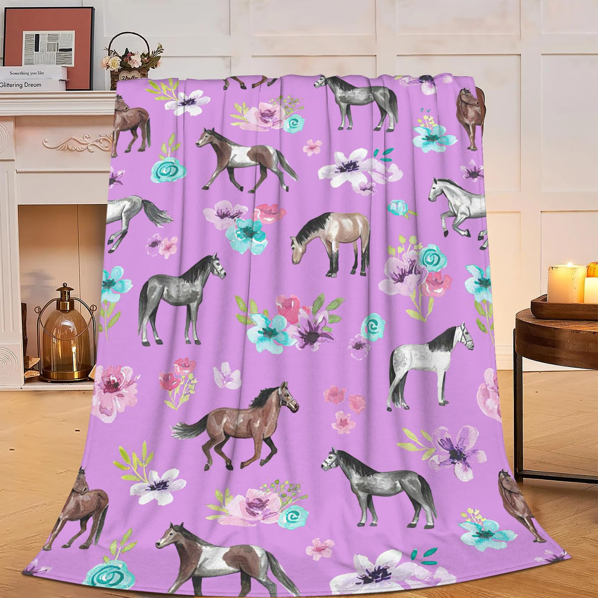Horse Throw Blanket Super Soft Warm Pink Floral Horse Blanket For Girls Kids, Cozy Plush Fleece Farm Animal Horse Gifts Bedding