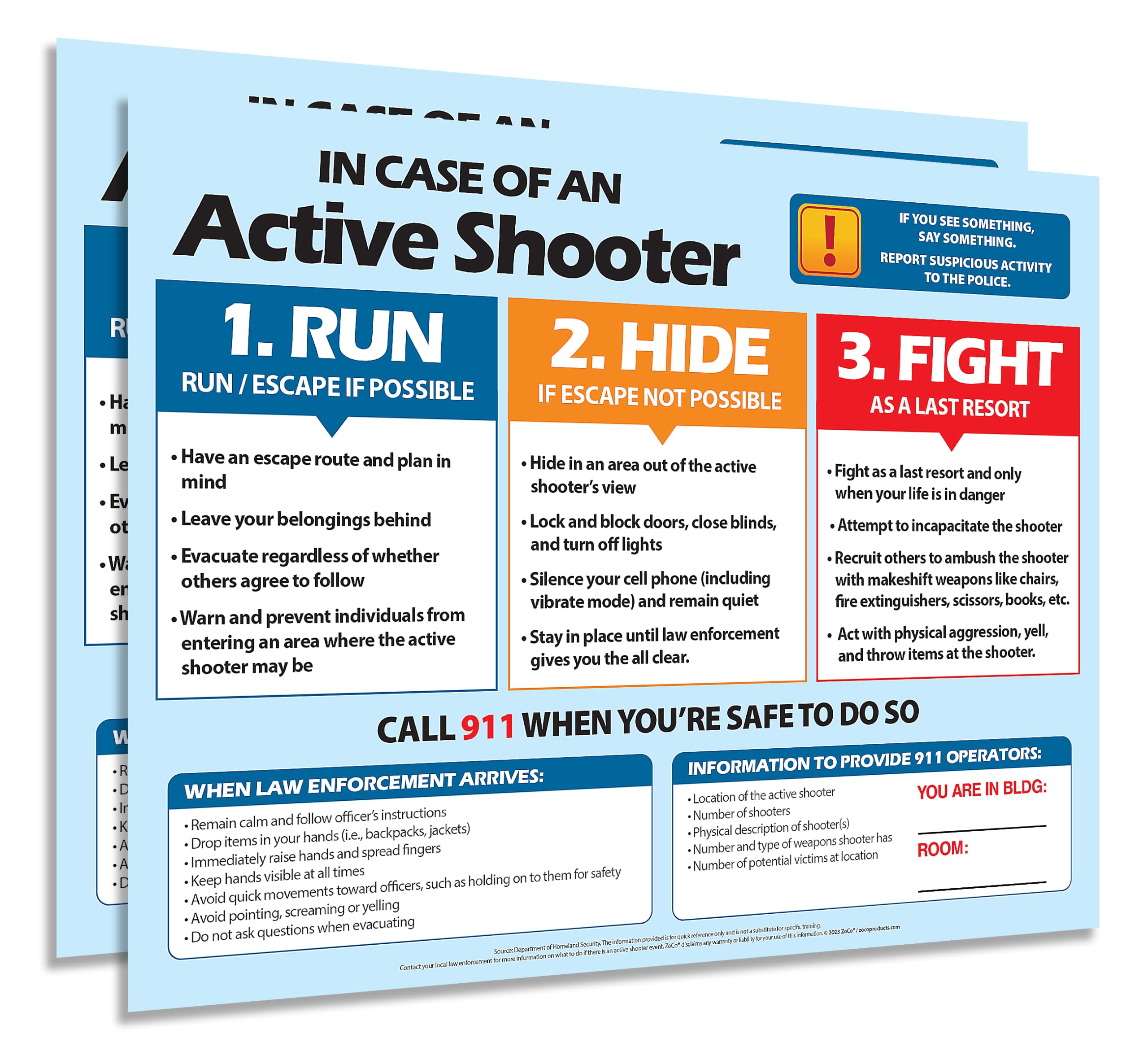 Active Shooter (Run, Hide, Fight) Posters (2 Pack) - School And Workplace Safety Poster - Emergency Preparedness Items For Class