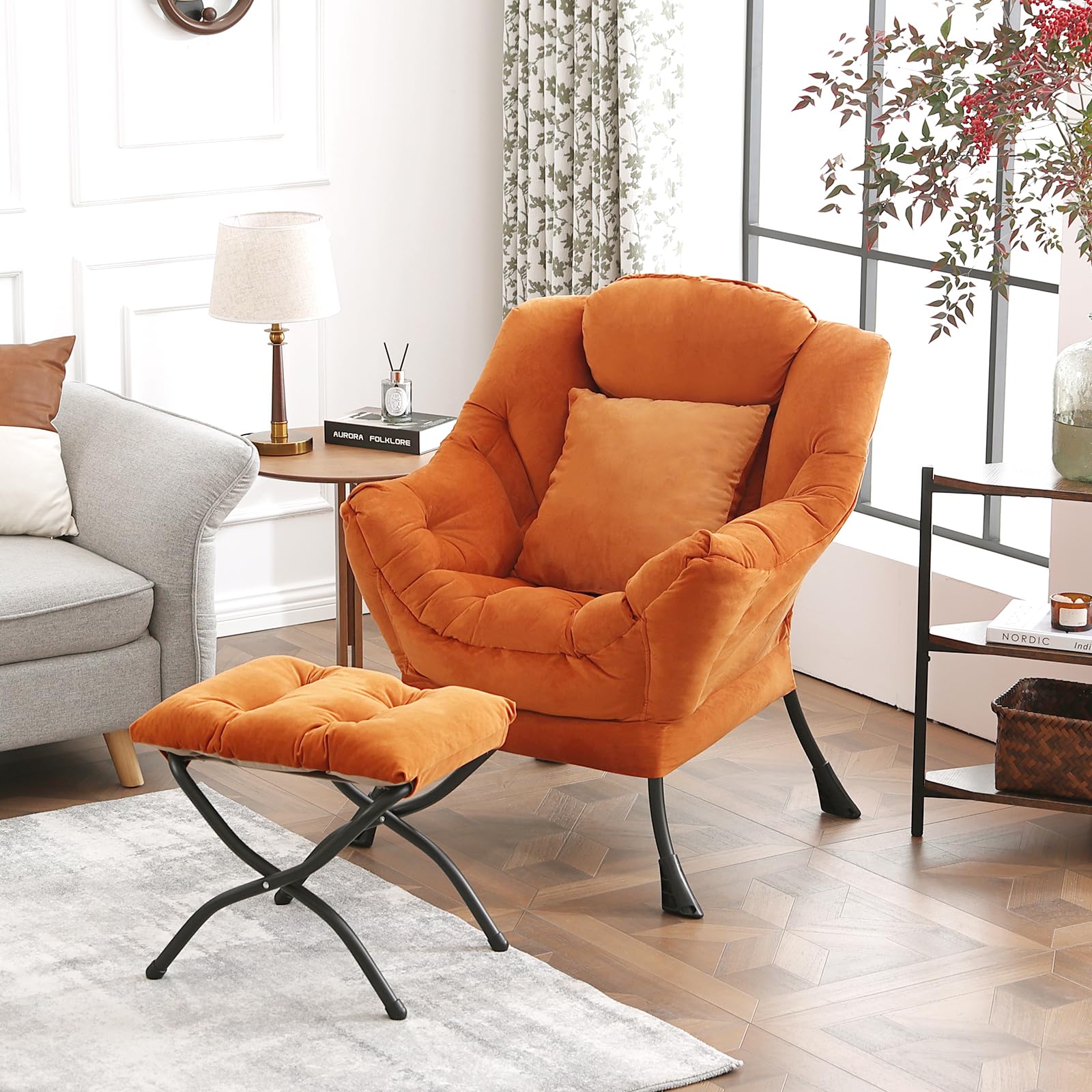 Homeastlly Large Lazy Chair With Ottoman, Accent Reading Chair With A Throw Pillow, Cozy Lounge Chair With Armrest, Leisure Sofa