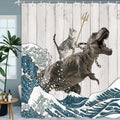 Boziqr Funny Cat Shower Curtain, Cool Cat Dinosaur Japanese Ocean Wave Decor Fabric Bathroom Curtains, Kids Children Rustic Wood