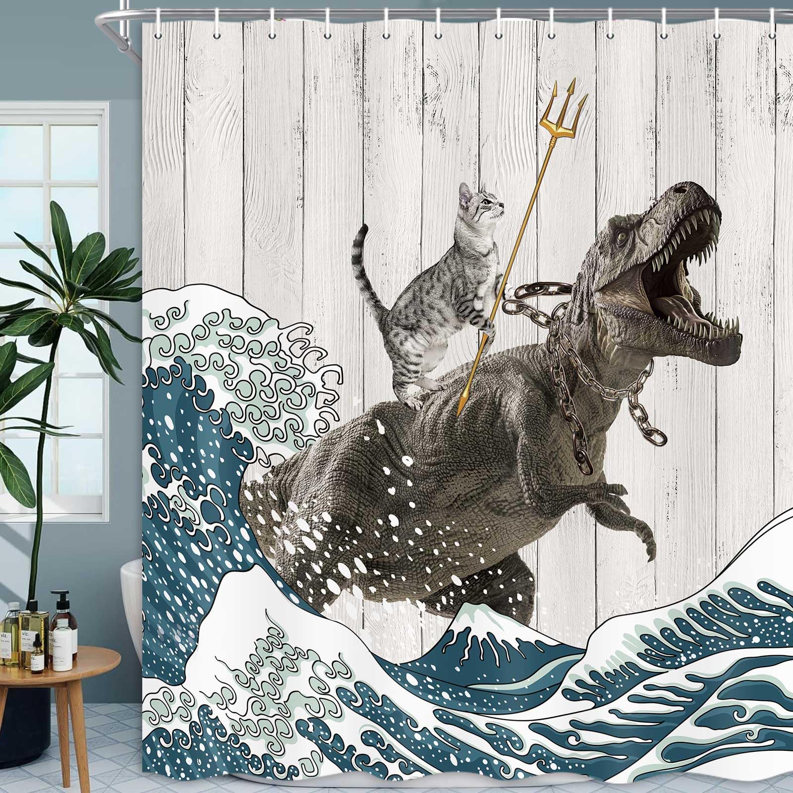 Boziqr Funny Cat Shower Curtain, Cool Cat Dinosaur Japanese Ocean Wave Decor Fabric Bathroom Curtains, Kids Children Rustic Wood