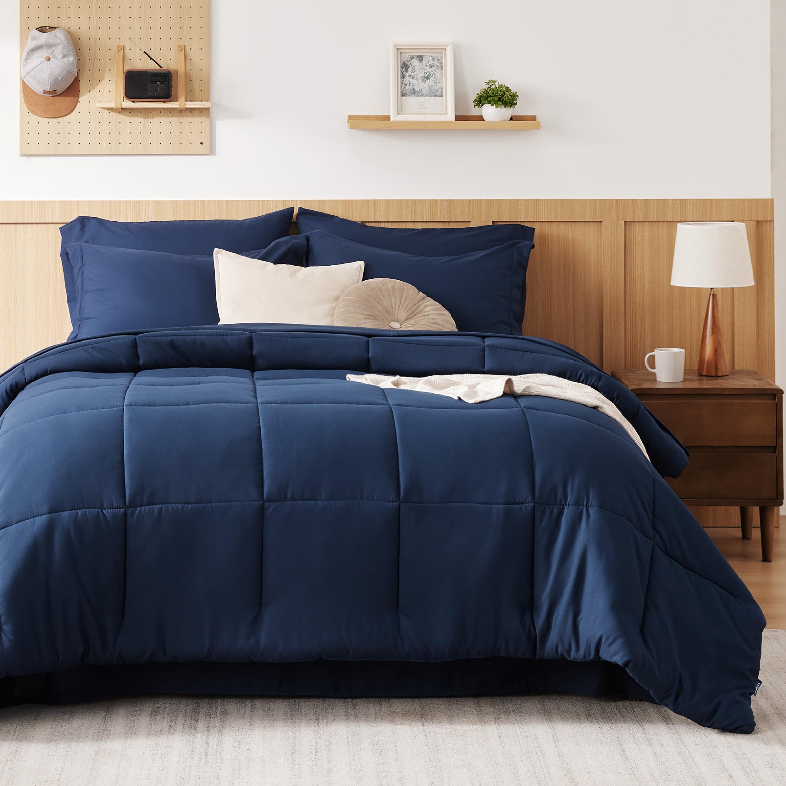 Bedsure Navy Bedding Sets King - 7 Pieces Solid Bed In A Bag, King Bed Set Navy With Comforter, Sheets, Pillowcases & Shams