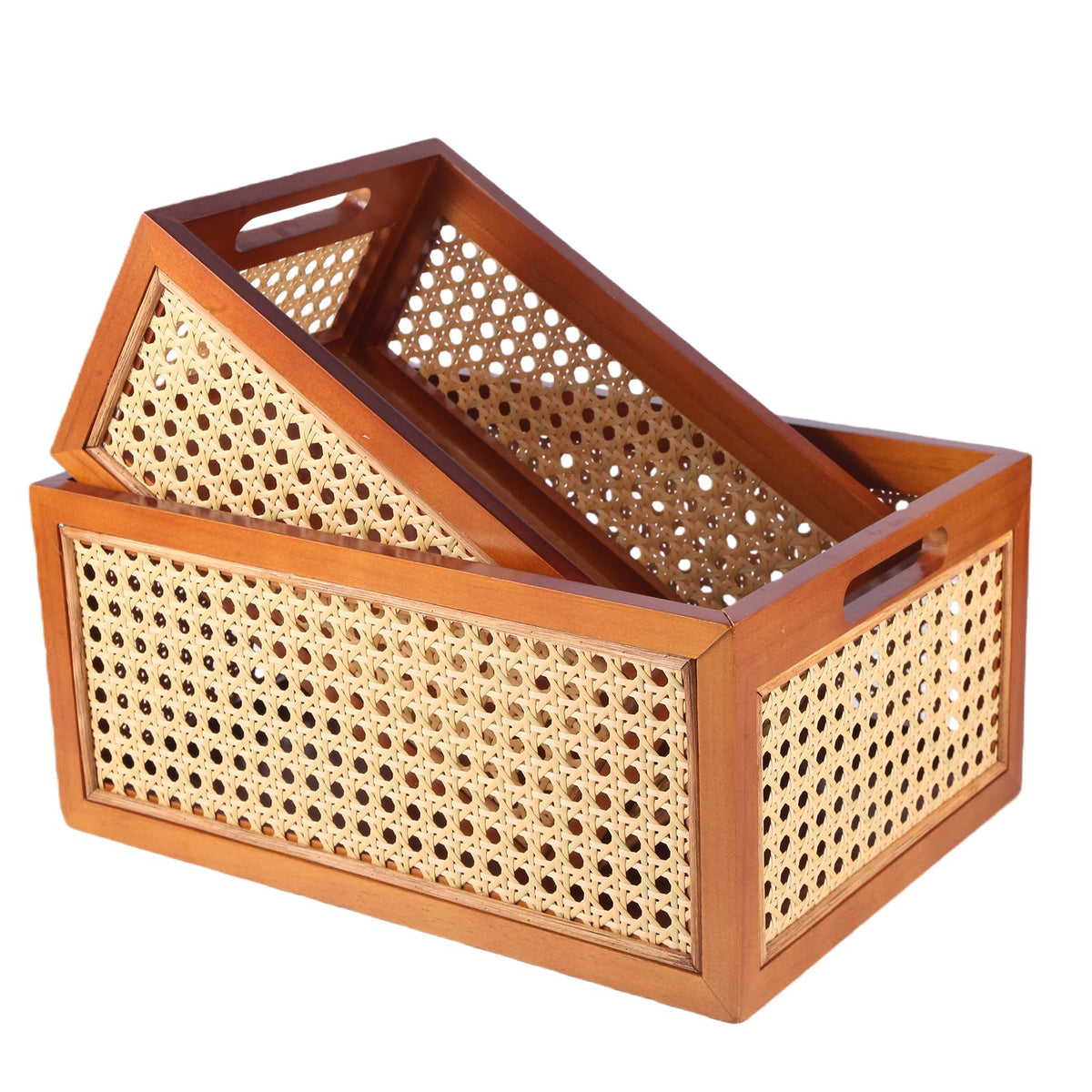 Rattan Storage Baskets Set, Wooden Frame with Woven Cane Design, Nesting Organizer Bins for Living room Bedroom Bathroom Kitchen
