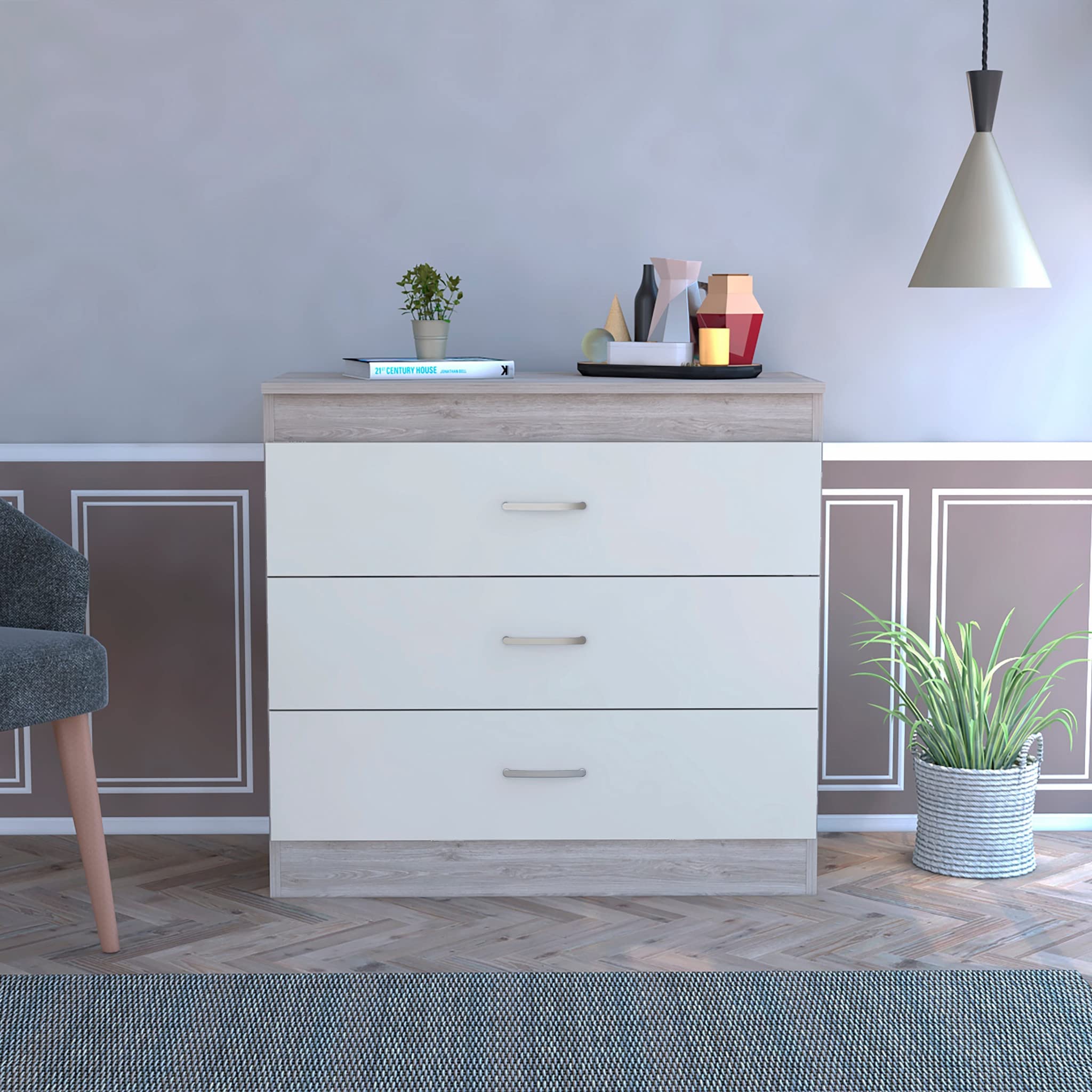 HomeRoots Particle Board 29' Light Gray and White Three Drawer Dresser