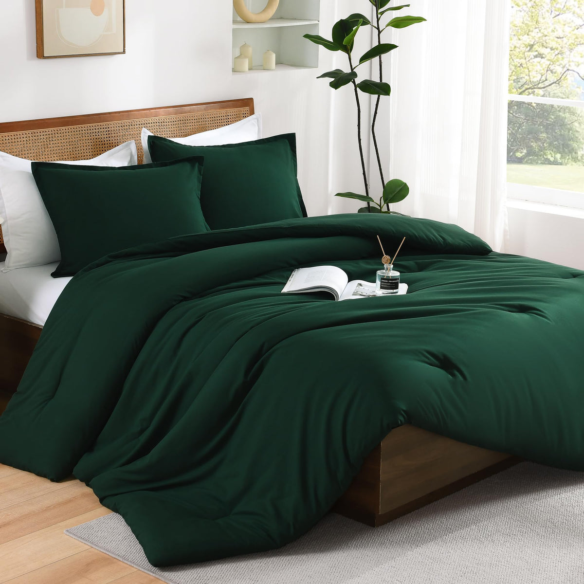 Andency Dark Emerald Green California King Comforter Set, 3 Pieces Cal King Lightweight Soft Boho Solid Bed Set, Oversized Fluff