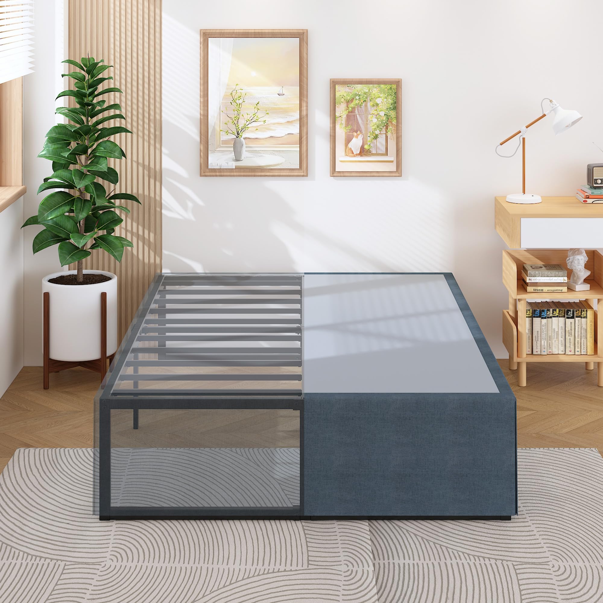 Lutown-Teen 18 Inch King Bed Frame With Storage Bed Cover Skirt, Heavy Duty Metal Full Platform Bed Frame No Box Spring Needed, Easy Assembly, Noise Free, Black And Blue