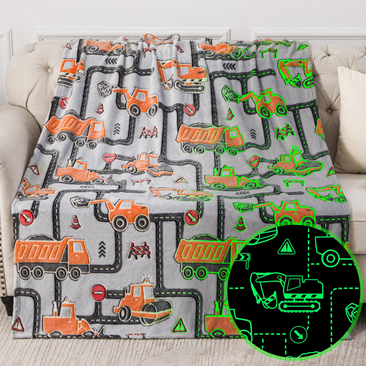 Kids Boys Construction Excavator Gifts Toys - Glow In The Dark Truck Blanket For Teens Easter Birthday Christmas Valentine'S Day