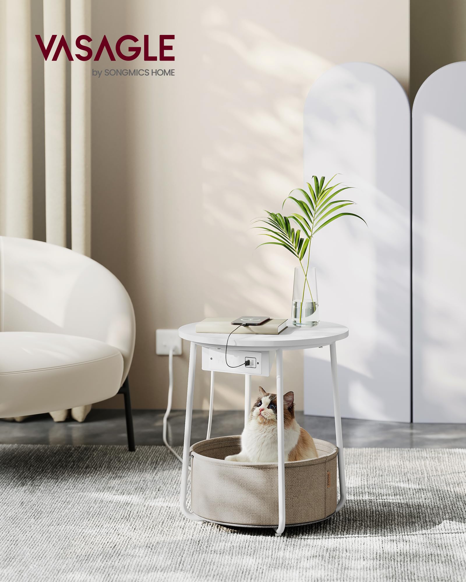 Vasagle Side Table With Charging Station, Round End Table With Fabric Basket, Nightstand With Power Outlets Usb Ports, For Living Room, Bedroom, Modern, Matte White And Camel Brown Ulet228W01