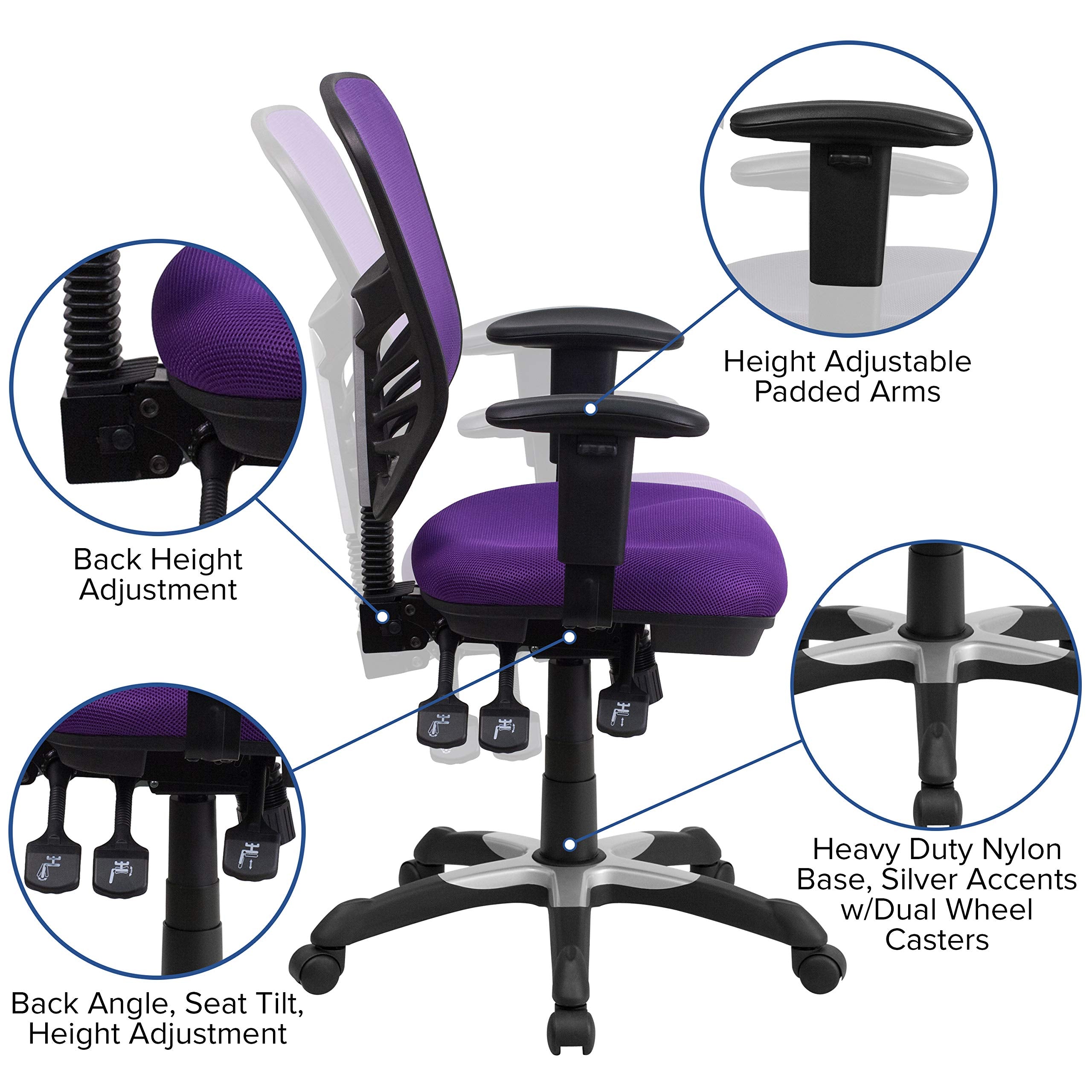 Flash Furniture Nicholas Mid-Back Swivel Office and Gaming Chair, Ergonomic Mesh Office Chair with Adjustable Lumbar Support and Height, Purple