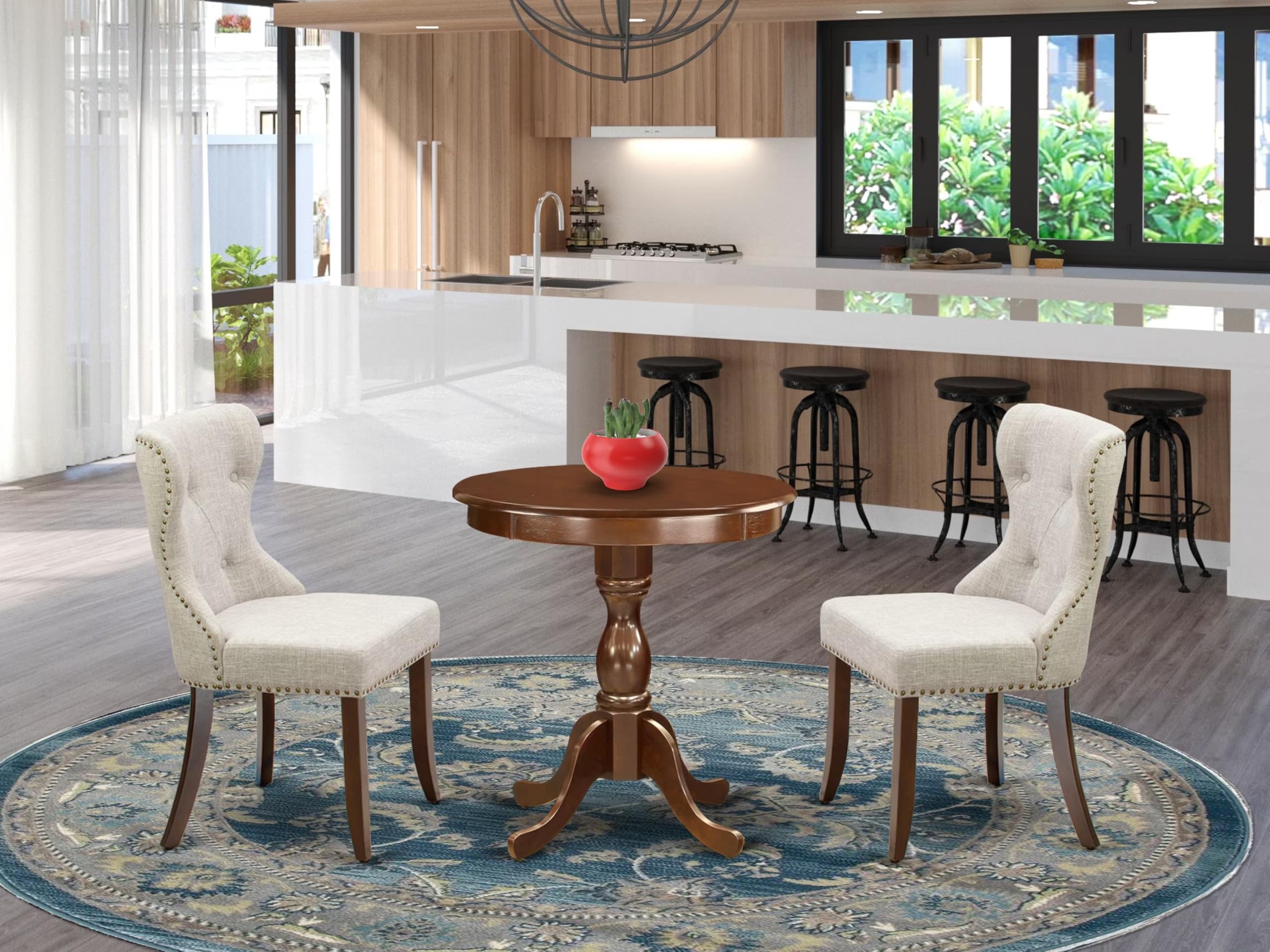 East West Furniture Essi3-Mah-35 3 Piece Modern Dining Table Set Contains A Round Wooden Table With Pedestal And 2 Doeskin Linen Fabric Upholstered Chairs, 30X30 Inch, Mahogany