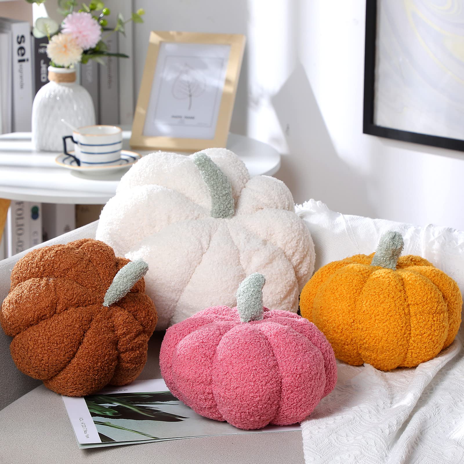 4 Pcs Simulated Pumpkin Fluffy Pillow Plush Pillow 3D Pumpkin Shaped Pillow Shaped Fall Decorations Soft Cute Throw Pillows For