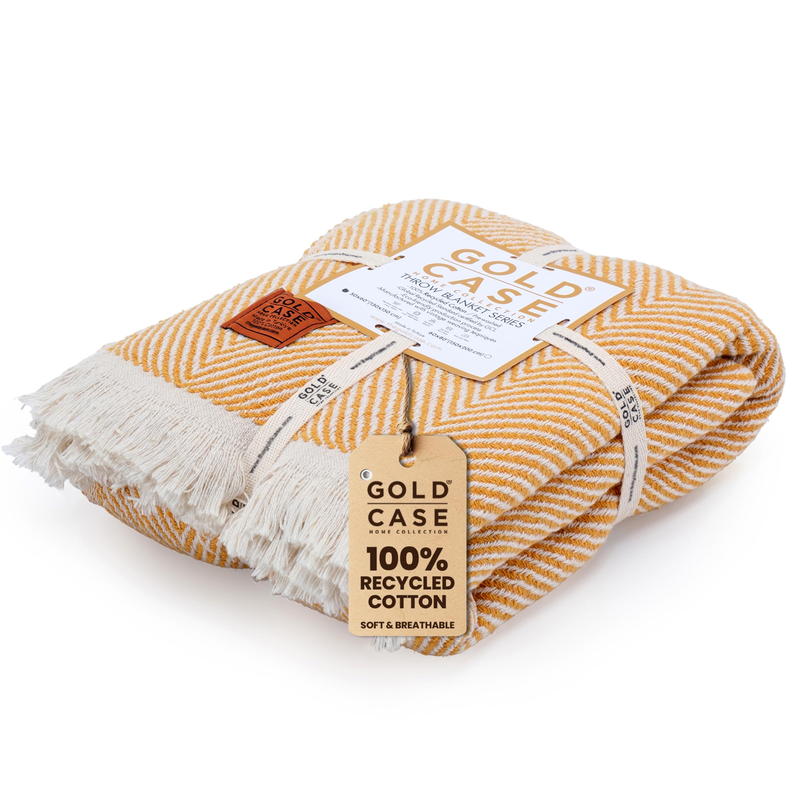 Gold CASE Throw Blanket for Couch - 100% Recycled Cotton 50x60 - Elegant Throw Blankets for Living Room, Bed, & Outdoor - Decora