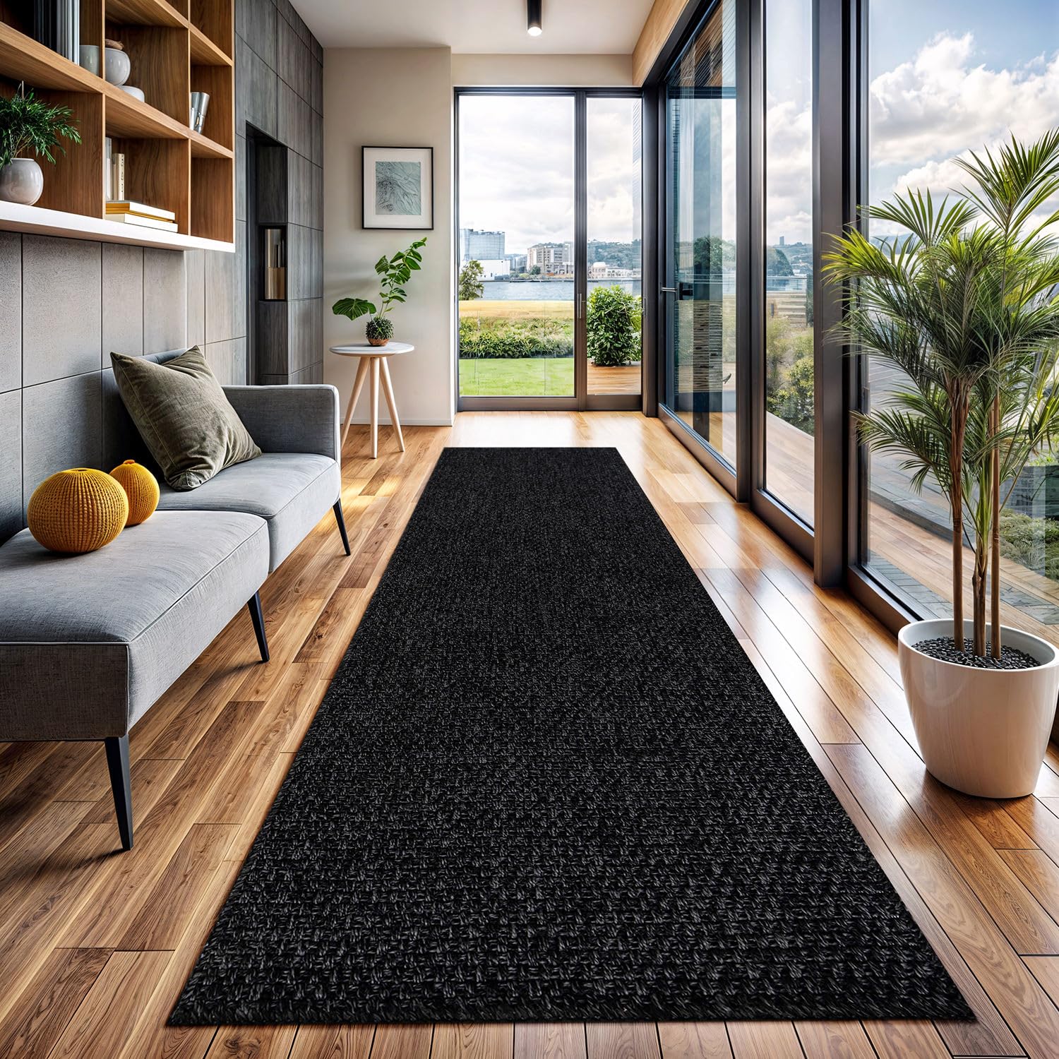CAMILSON Indoor and Outdoor Runner Rug Dark Gray Black Solid Boho Woven Design Easy-Cleaning Non Shedding Farmhouse Living Room 