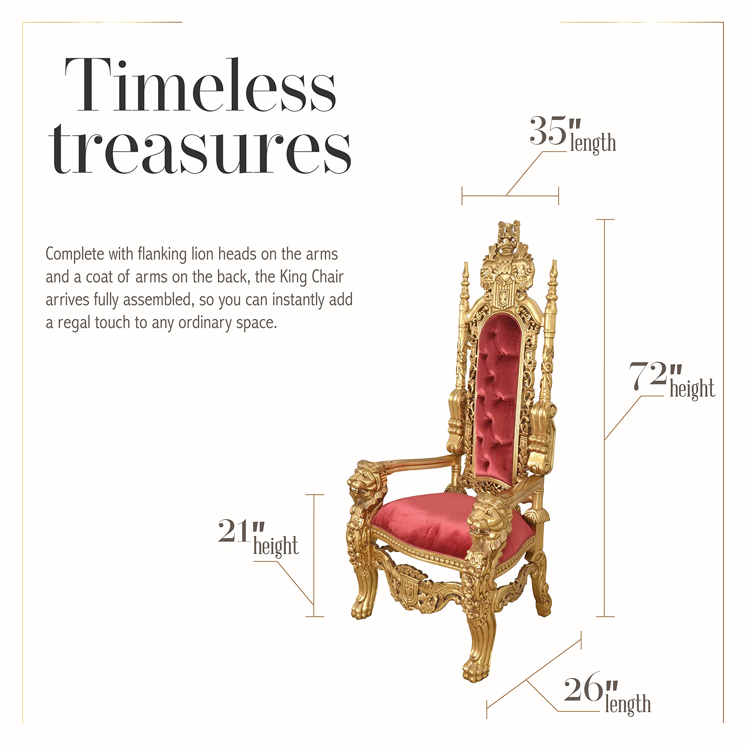 AFD Home King Chair, Accent Chair, Linen-Upholstered Table Chair, Mahogany Hand-Carved Chair, Antique Gold with Dark red Fabric