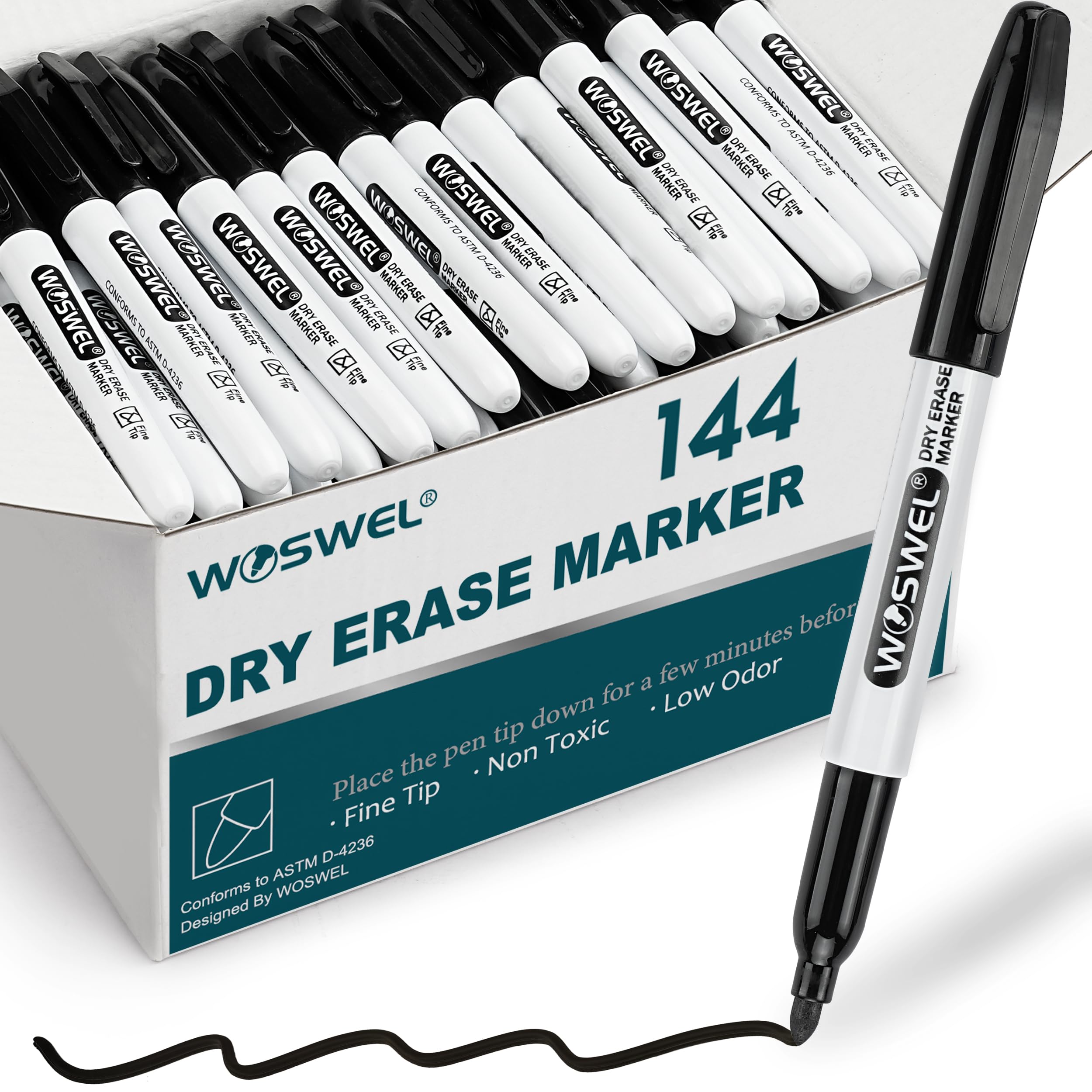 Woswel Dry Erase Markers Bulk, 144 Pack Black Fine Tip Whiteboard Markers, Fine Point, Low Odor Dry Erase Markers For School Off