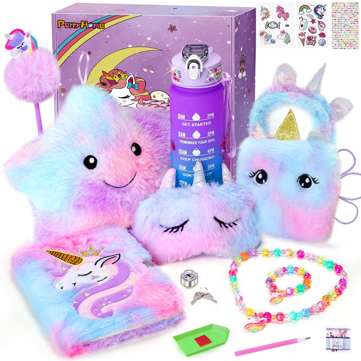 Perryhome Unicorns Gifts For Girls Age 4 5 6 7 8 9 10+ Birthday Back To School Day Gifts,Soft Plush Toys Set With Light-Up Star