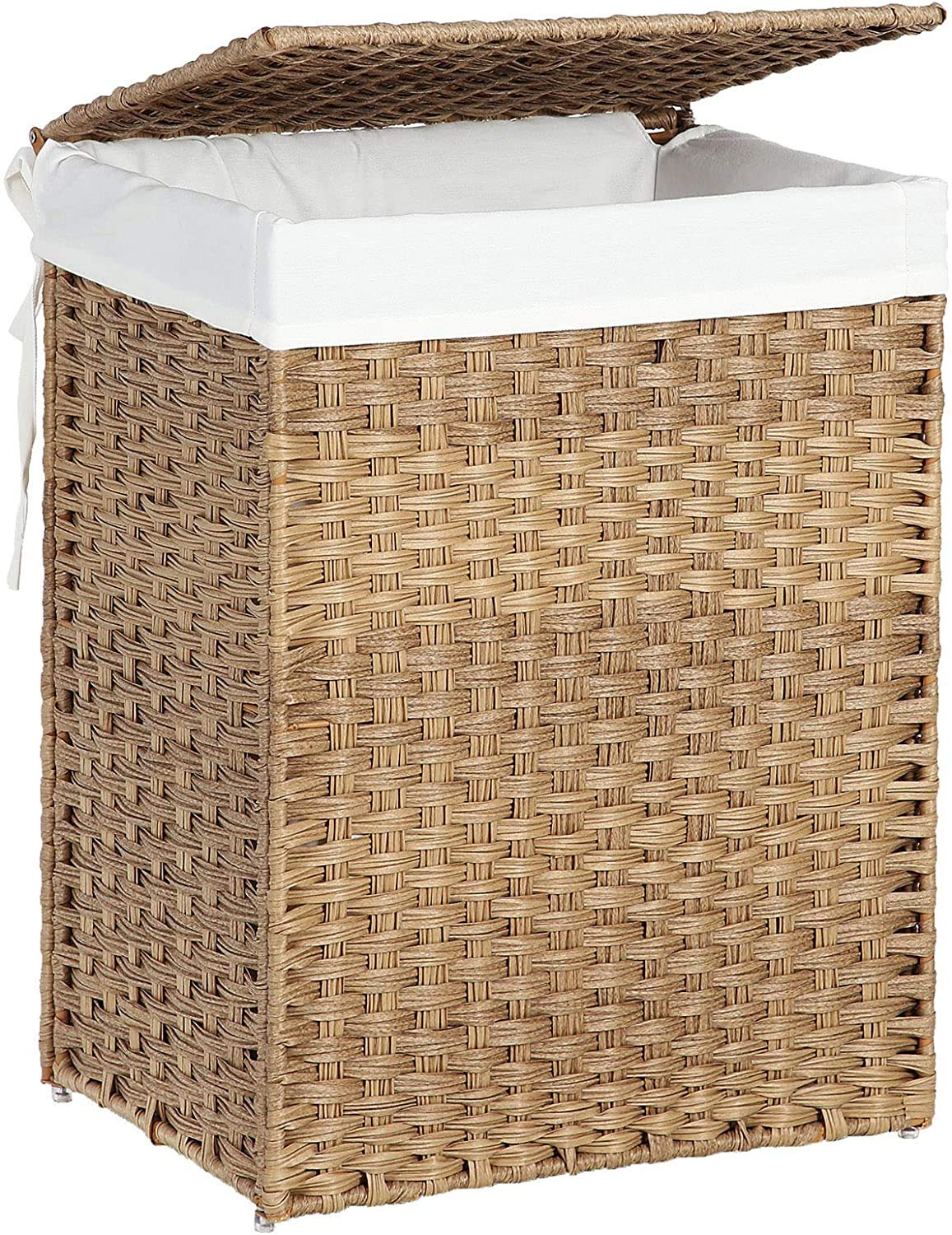SONGMICS Handwoven Laundry Basket, 90L Synthetic Rattan Clothes Hamper with Lid and Handles, Foldable, Removable Liner Bag, Natu
