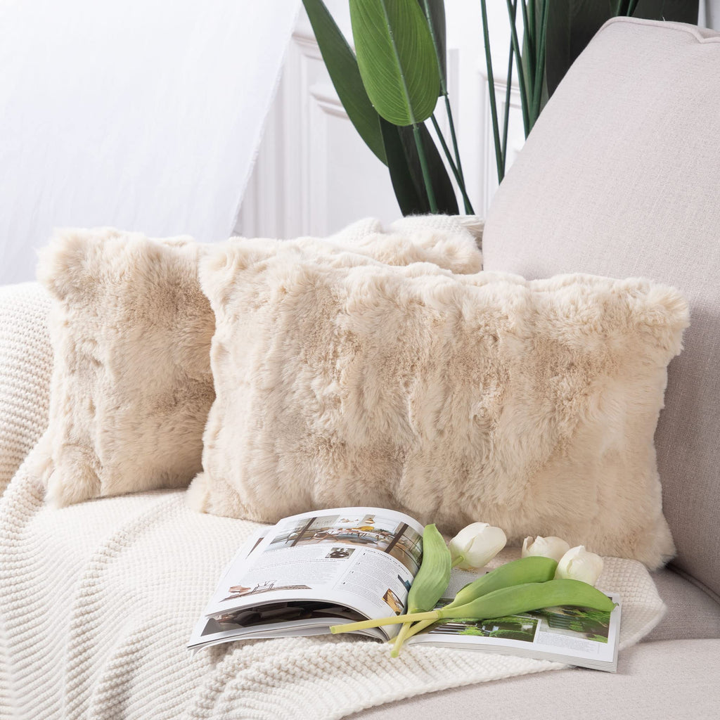 Madizz Pack Of 2 Thick Plush Wool Throw Pillow Covers 12X20 Inch Beige Soft Decorative Cushion Cover For Sofa Bedroom Pillow She
