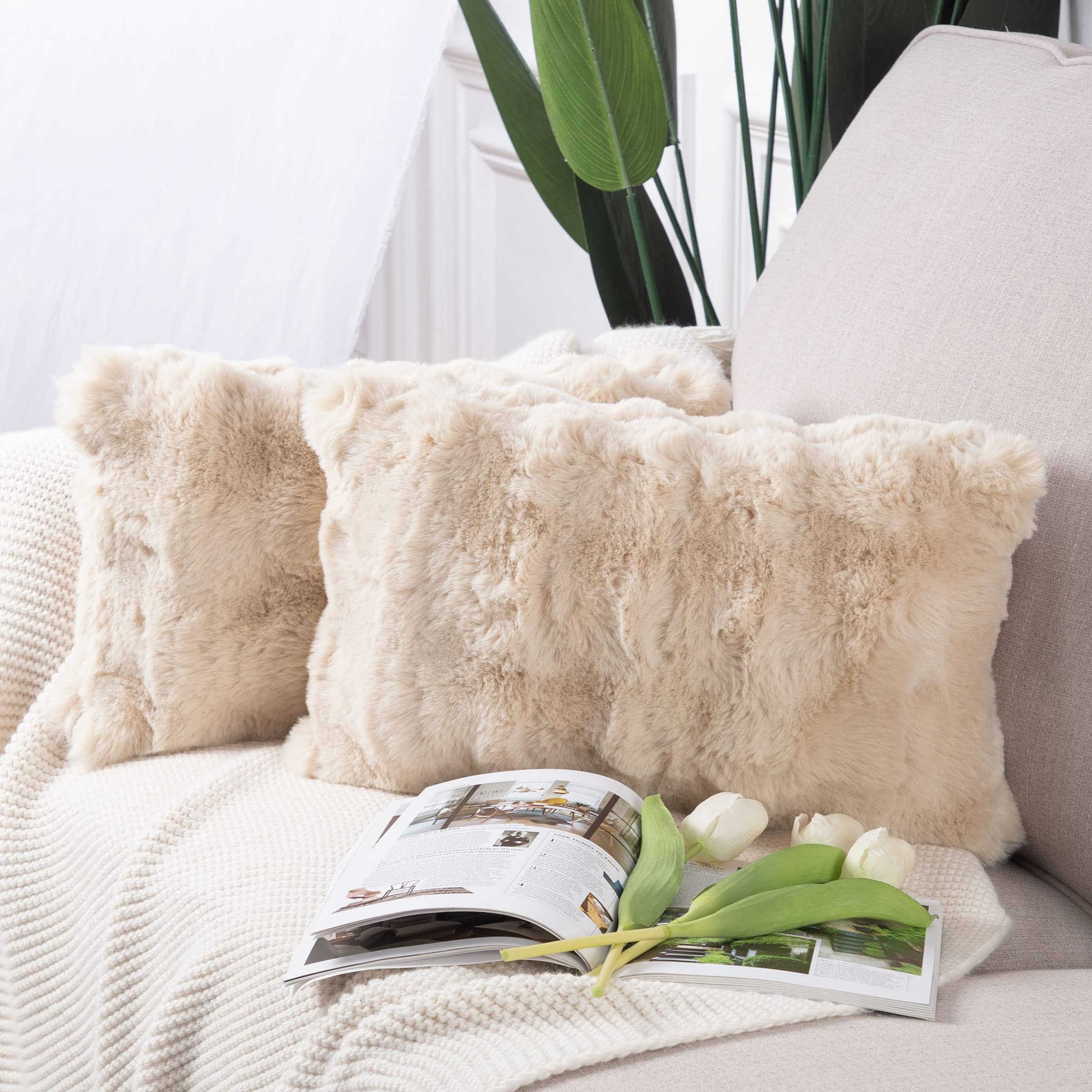 Madizz Pack Of 2 Thick Plush Wool Throw Pillow Covers 12X20 Inch Beige Soft Decorative Cushion Cover For Sofa Bedroom Pillow She
