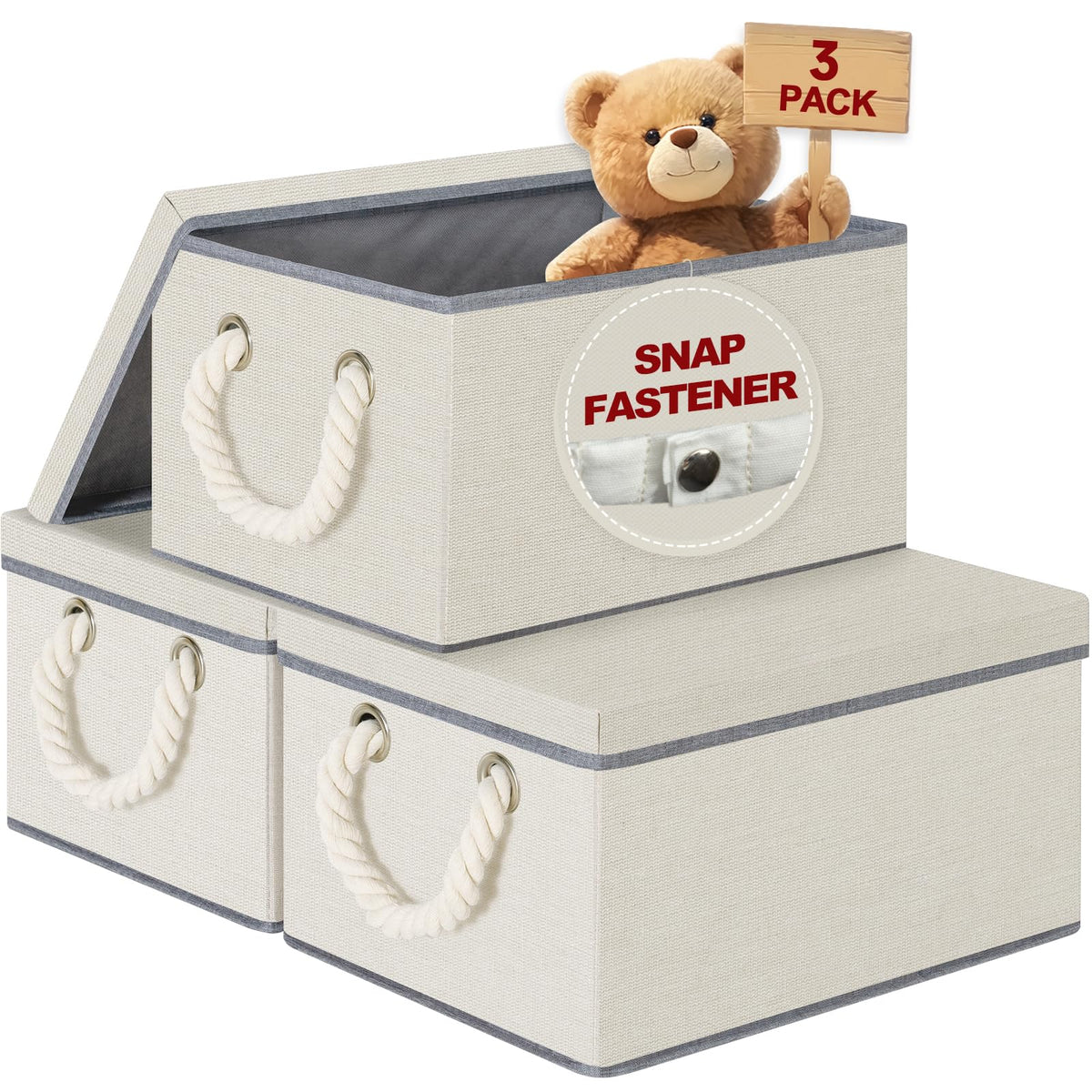 Medium Fabric Storage Bins with Lids 3 Packs,Folding Storage Baskets for Organizing with Cotton Rope Handles,Rectangle Organizer