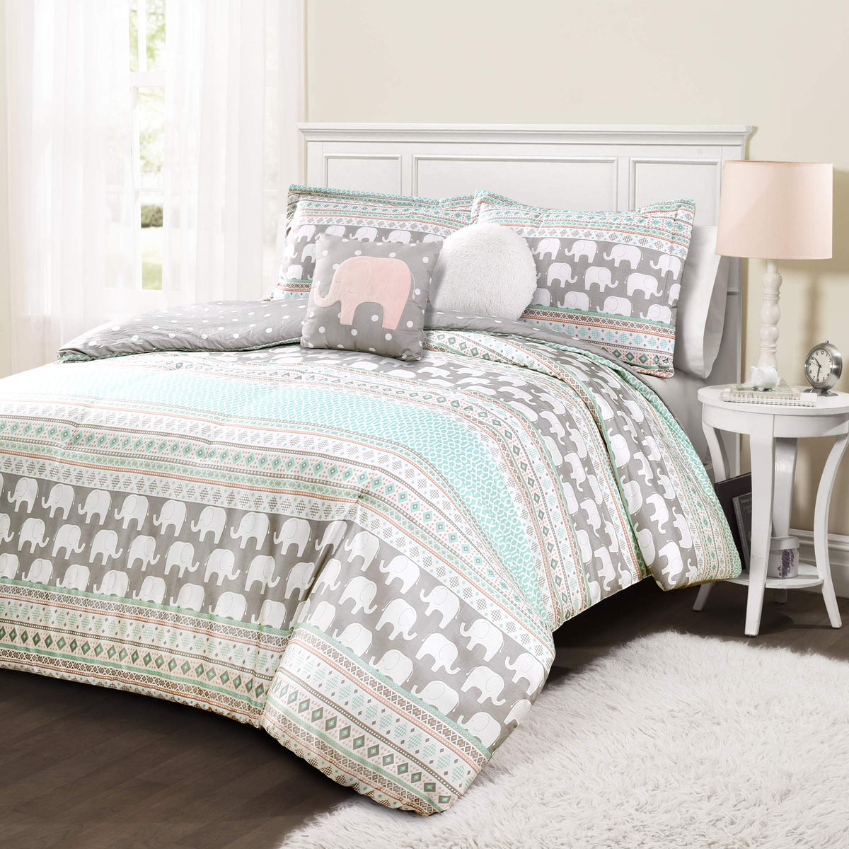 Lush Decor Pink-And-Turquoise Elephant Striped 5-Piece Comforter Bed Set, Full/Queen