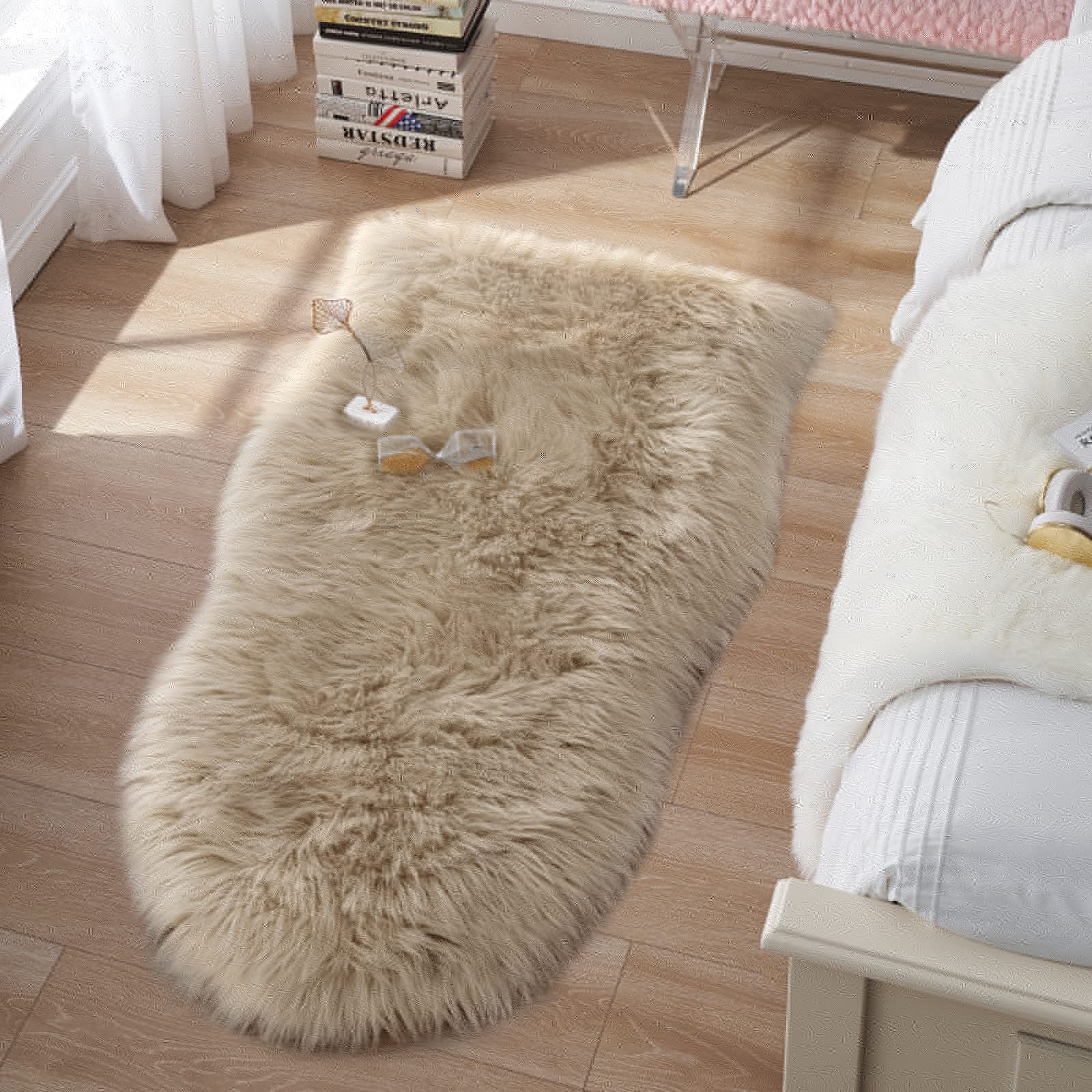 Small Faux Fur Rug 2X4 Ft Ultra Soft Sheepskin Rug Chair Sofa Cover Seat Pad, Beige Fluffy Shag Rug For Bedroom Nursery Kids Roo