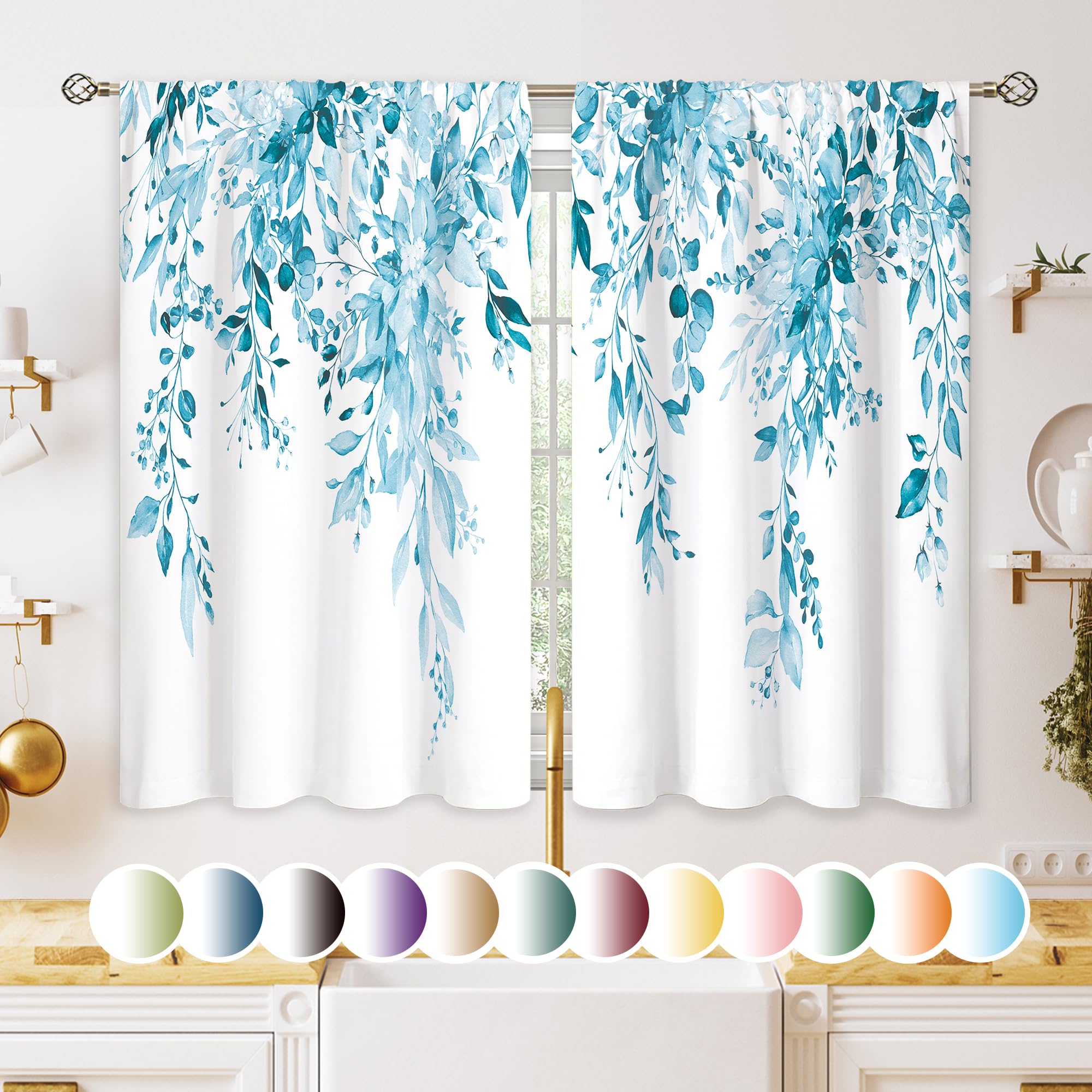 Oolygoo Blue Eucalyptus Botanical Leaves Floral Kitchen Window Curtains Over Sink Farmhouse Flower Spring Small Window Treatment