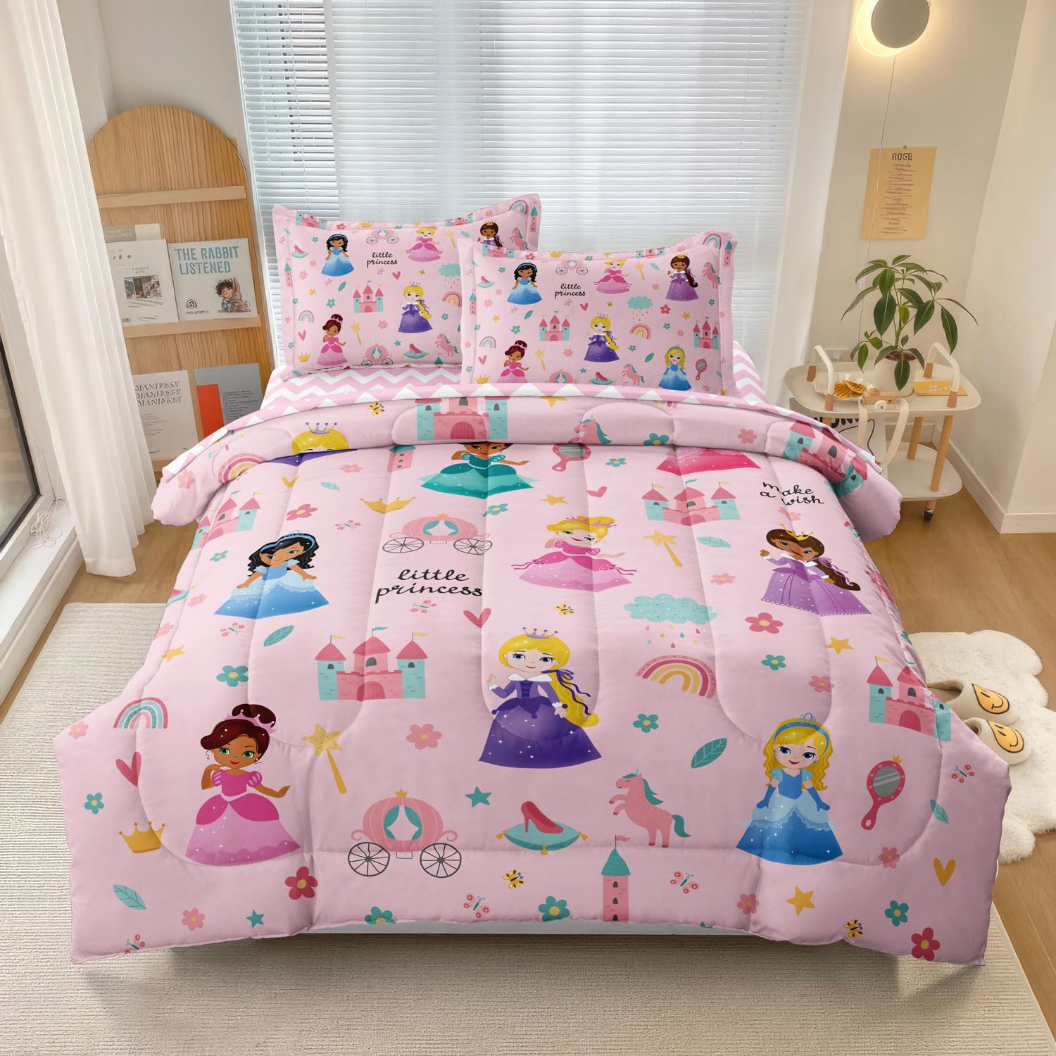 Sirdo Kids Magical Princess Comforter Set Bed In A Bag Full Size- 5 Piece Soft Cute Castle Bedding Set For Girls (1 Comforter, 1