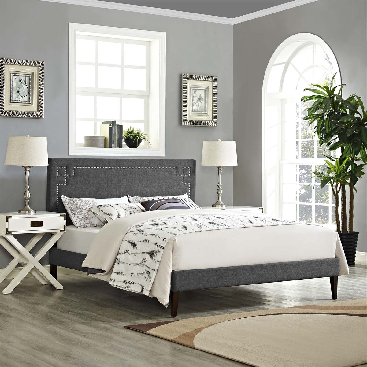 Modway Ruthie Fabric Upholstered Queen Platform Bed Frame In Gray With Tapered Legs