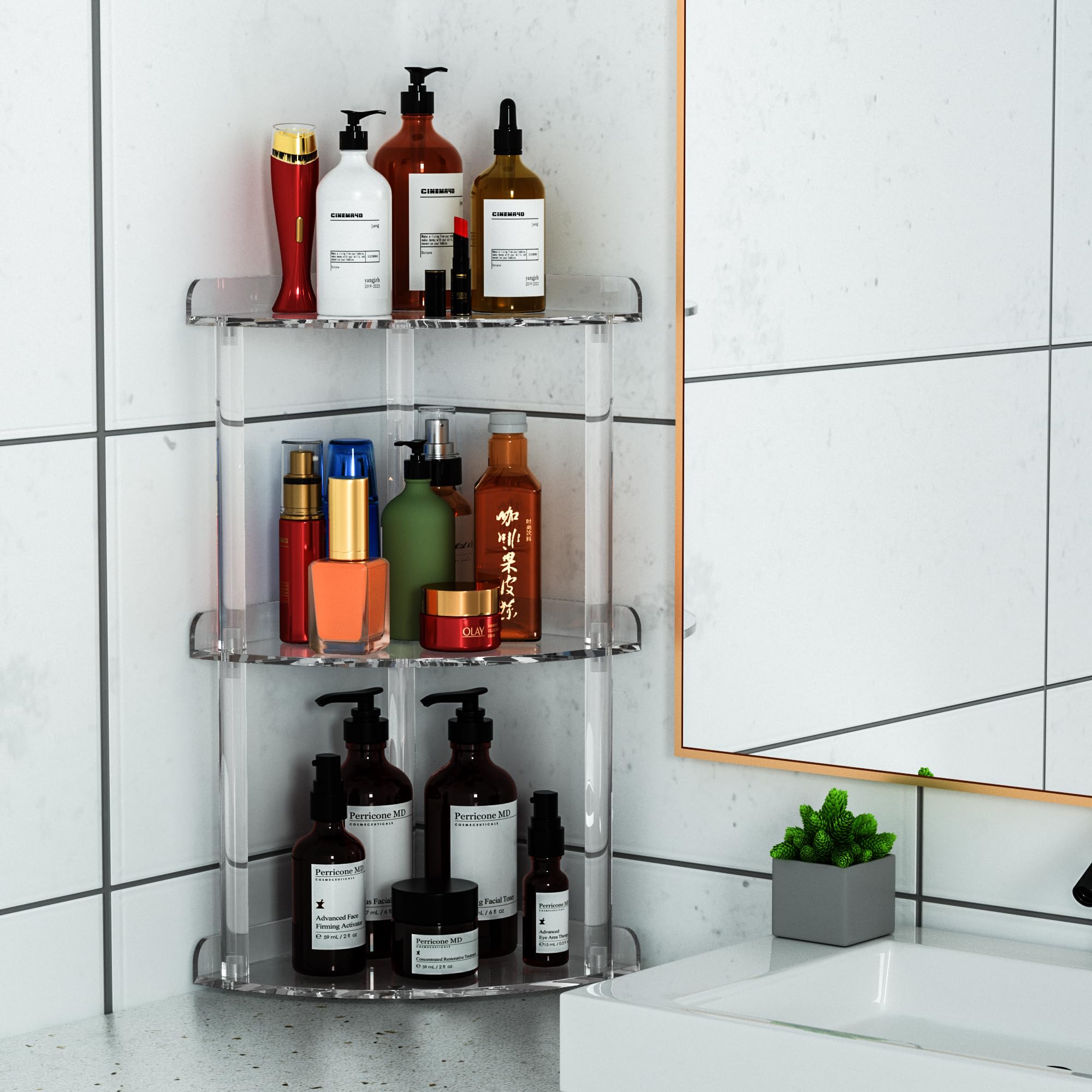 Sezanrpt 3 Tier Countertop Corner Organizer Shelf 7X7X15.7 Inch, Countertop Acrylic Bathroom Corner Shelf, Clear Vanity Storage Organizer For Cosmetics, Toiletries