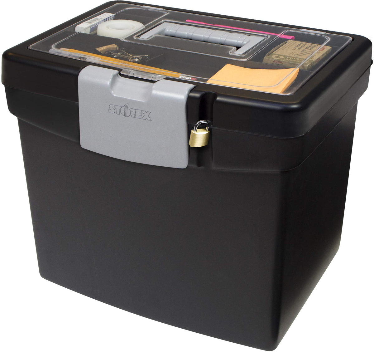 Storex Portable File Box With Organizer Lid - Plastic Office File Storage Box For Letter Paper And Hanging Folders, Obsidian, 1-