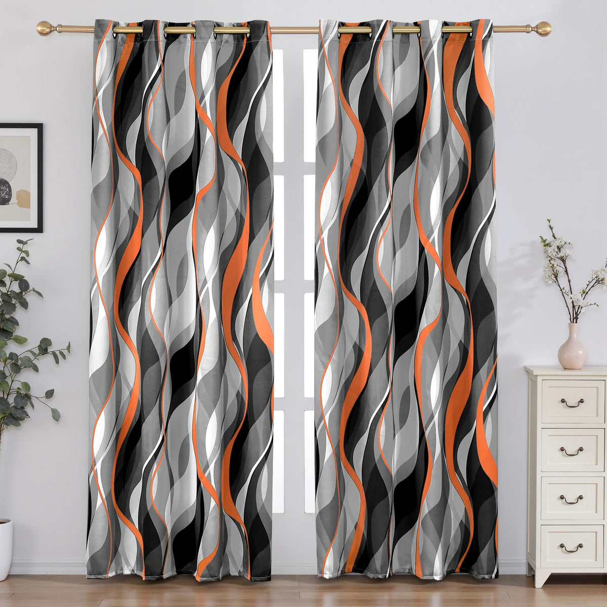 weesire Black and Orange Blackout Curtains, 52 x 96 Inch, Grommet, 2 Panels