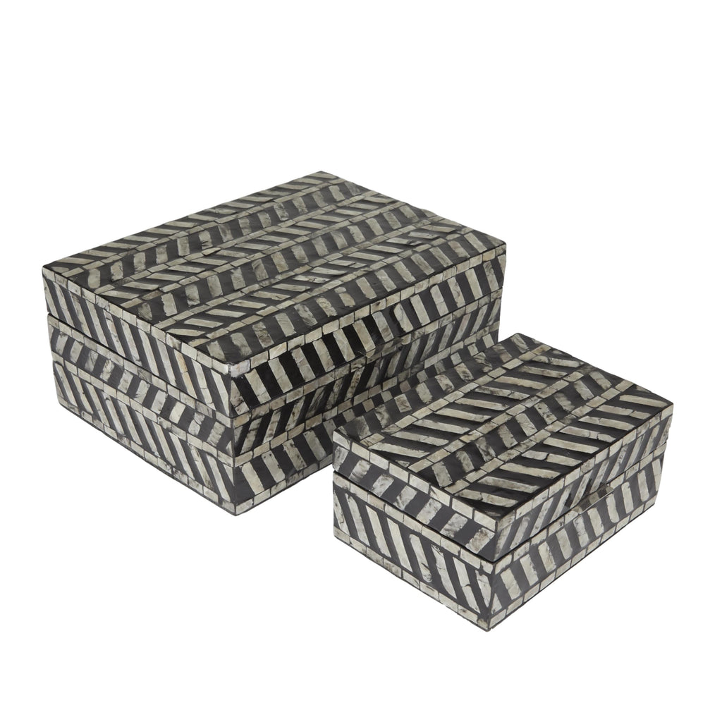 Deco 79 Mother Of Pearl Shell Handmade Decorative Box Chevron Pattern Decorative Keepsake Boxes With Hinged Lid, Set Of 2 Storag