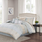 Madison Park Luxury Comforter Set-Traditional Jacquard Design All Season Down Alternative Bedding, Matching Bedskirt, Decorative Pillows, King(104'X92'), Bennett, Geometric Aqua 7 Piece