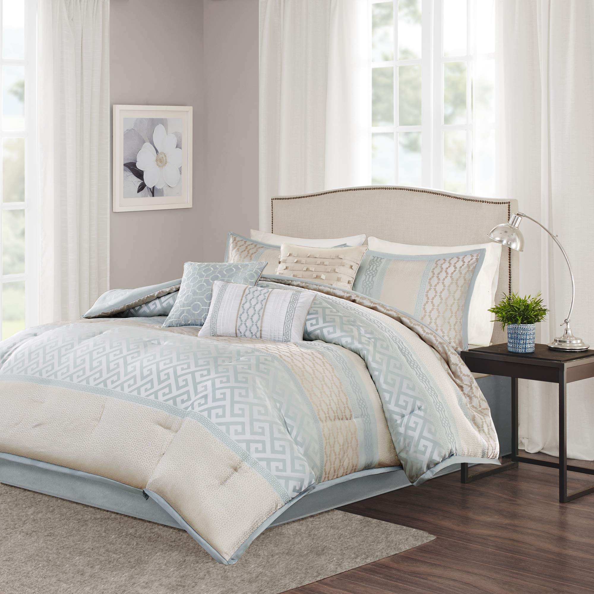 Madison Park Luxury Comforter Set-Traditional Jacquard Design All Season Down Alternative Bedding, Matching Bedskirt, Decorative Pillows, King(104'X92'), Bennett, Geometric Aqua 7 Piece