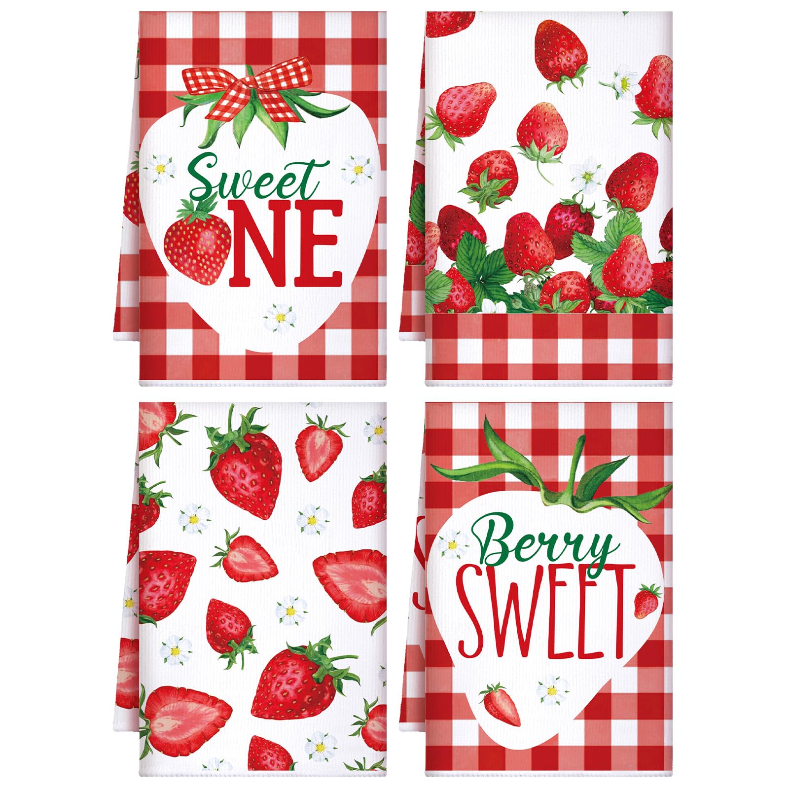 Bencailor 4 Pcs Strawberry Kitchen Towels Summer Berry Hand Dish Towels Absorbent White Red Grid Tea Towel Fast Drying Housewarm
