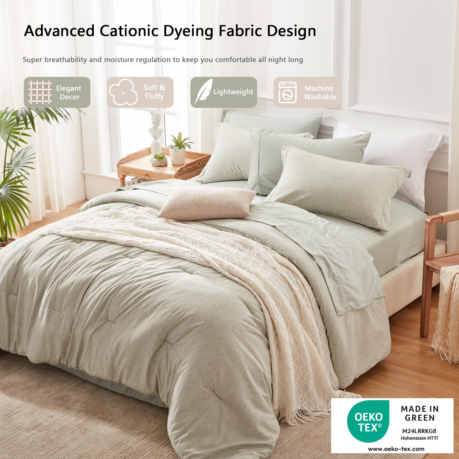Unilibra King Comforter Set 7 Pieces Bed In A Bag - Sage Green King Soft Bedding Set For All Seasons - Cationic Dyeing Bed Comforter Sets With Comforter, Flat Sheet, Fitted Sheet, Pillowcases & Shams