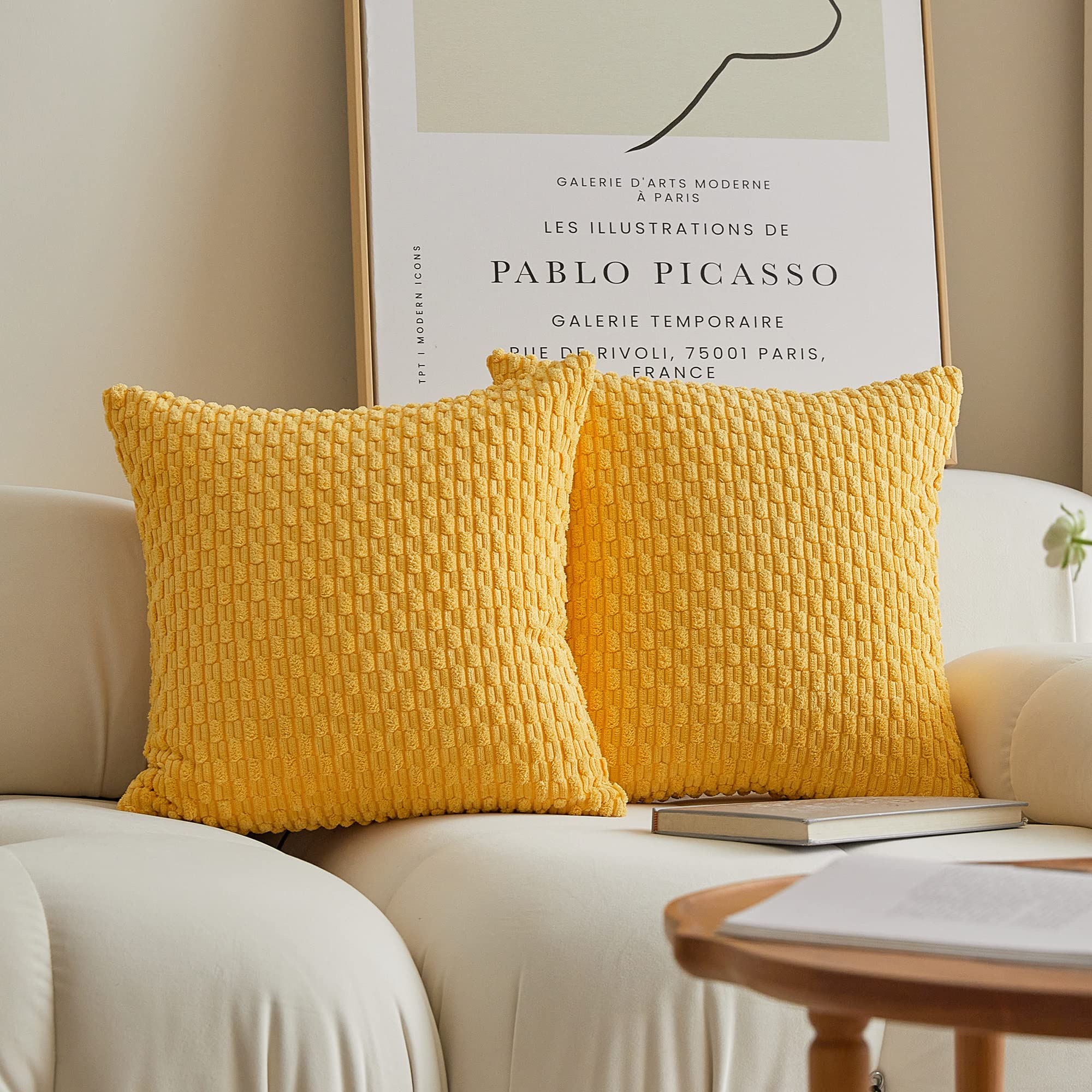 Kevin Textile Decorative Pillow Covers Soft Striped Velvet Throw Pillow Covers Set Of 2 Cushion Cover For Chair, 18 X 18 Inch, Yellow