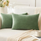 ANRODUO Pack of 2 Velvet Sage Green Throw Pillow Covers 12x20 Inch Decorative Pillow Covers Euro Cushion Case Soft Solid Lumbar 