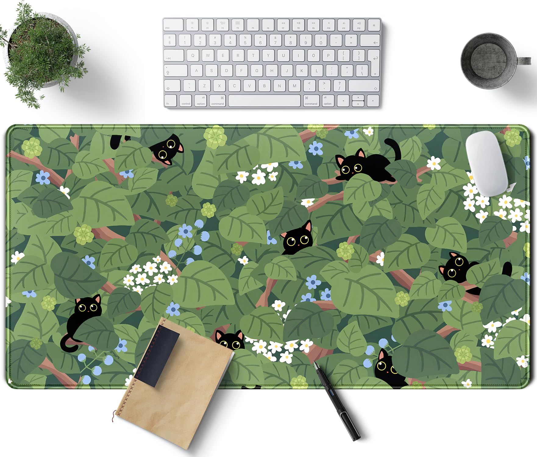 Kawaii Anime Aesthetic Black Cat Forest Plant Desk Mat, Green Sage Xxl Large Extended Mouse Pad Gaming Cute Cats Desk Pad, Lapto
