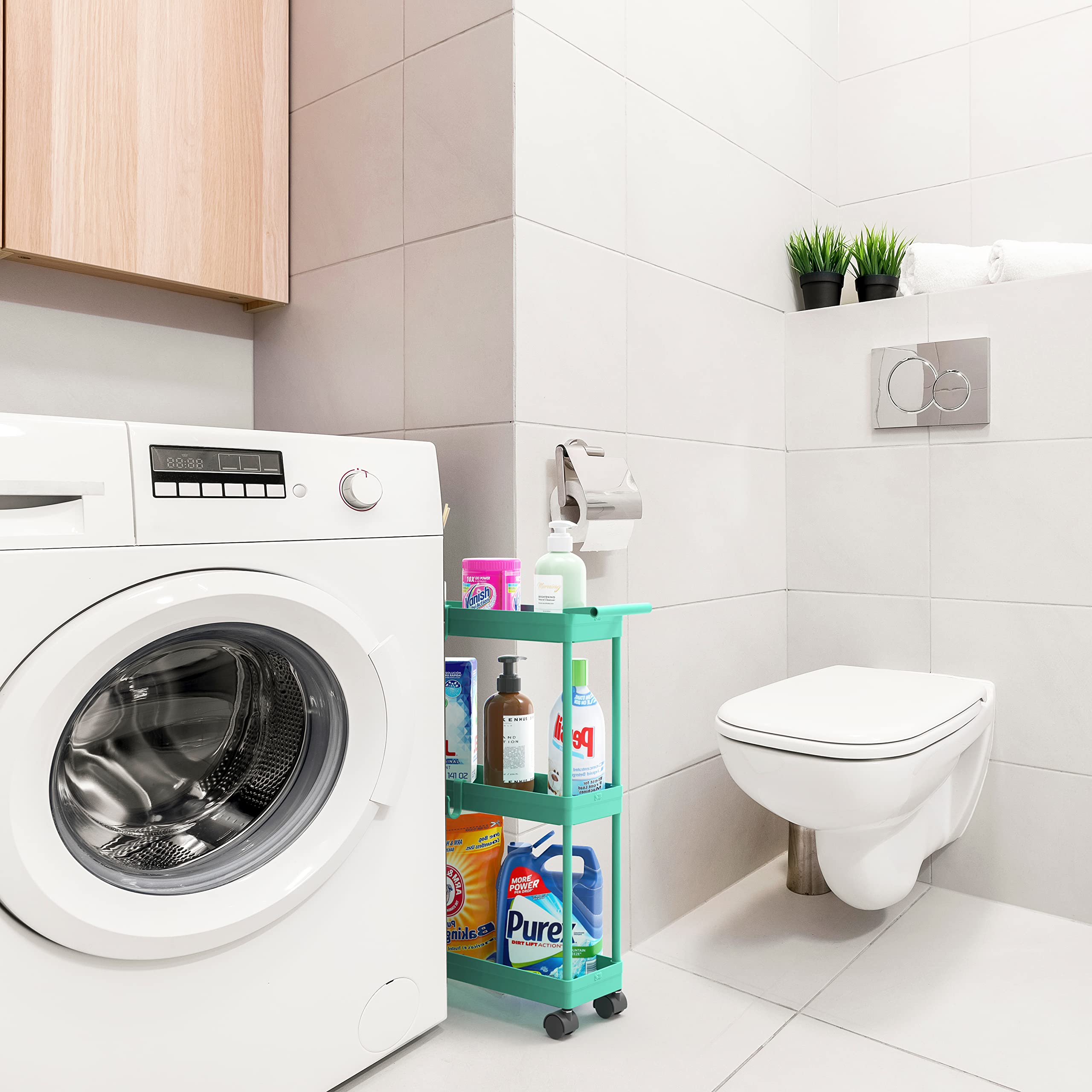 Simple Houseware Kitchen Cart Storage 3-Tier Slim/Super Narrow Shelves With Handle, 26.5'' Height/5.5'' Width For Narrow Place, Turquoise