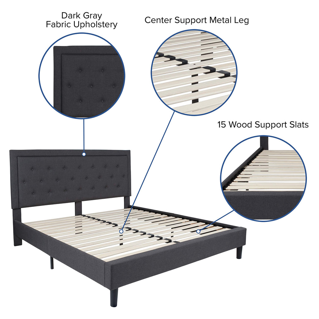 Flash Furniture Roxbury King Size Tufted Upholstered Platform Bed In Dark Gray Fabric With 10 Inch Certipur-Us Certified Pocket Spring Mattress